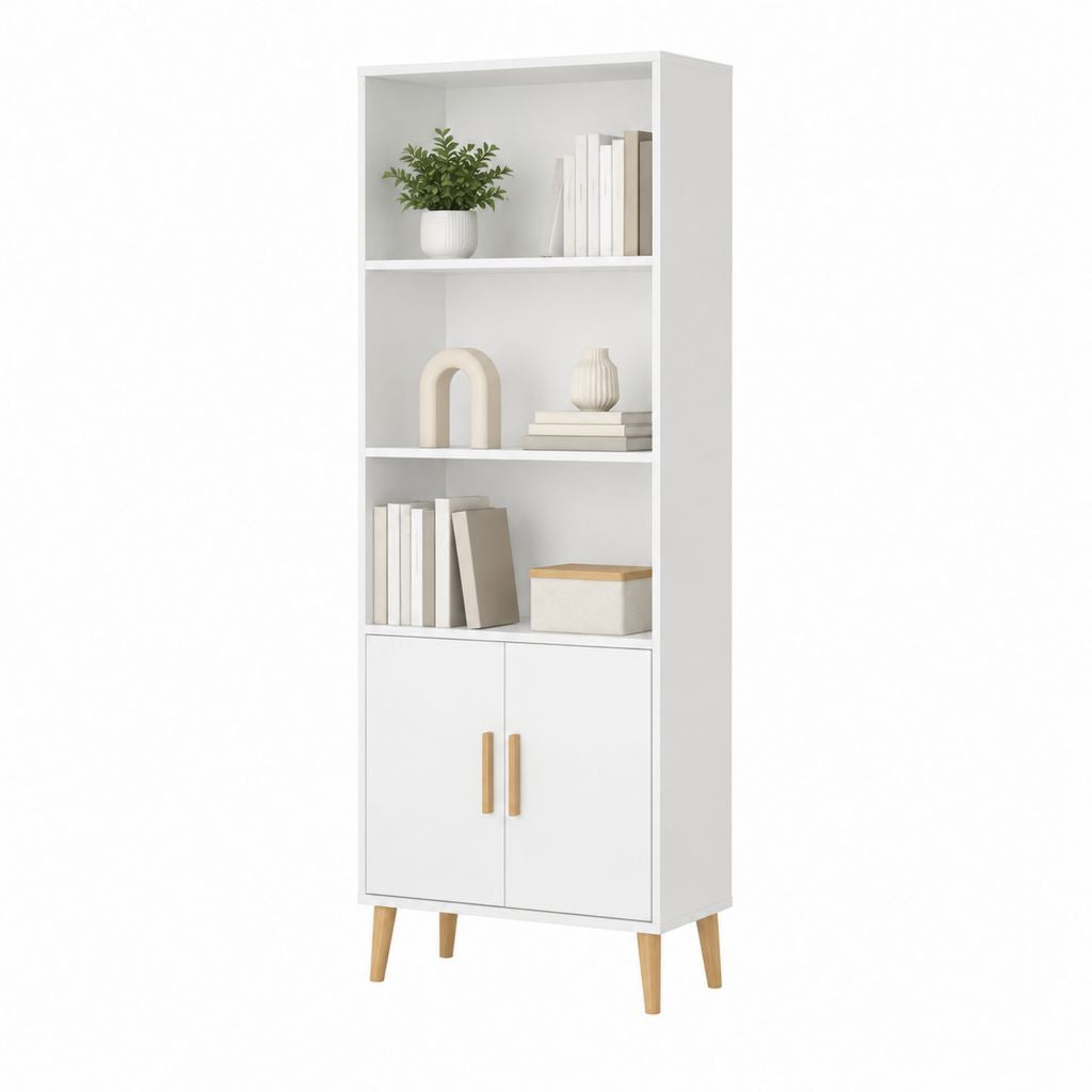 Bücherregal Weiß aus Spanplatte rechteckig mit 3 offenen Fächern und 2 Türen 60 x 30 x 180 cm