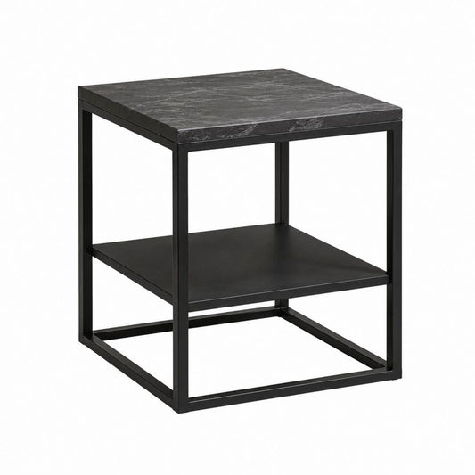 Gartentisch Beistelltisch Schwarz Stahl Sinterstein quadratisch 50 x 50 x 55 cm mit Ablage