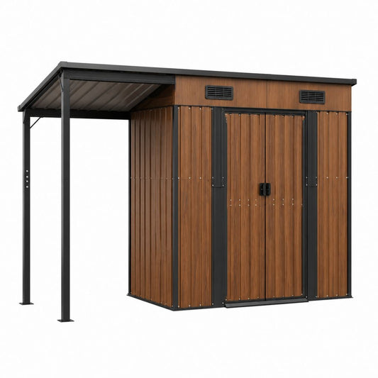 Gartenhaus mit Anbaudach Braun Anthrazit aus verzinktem Stahl 338 x 213 x 202 cm