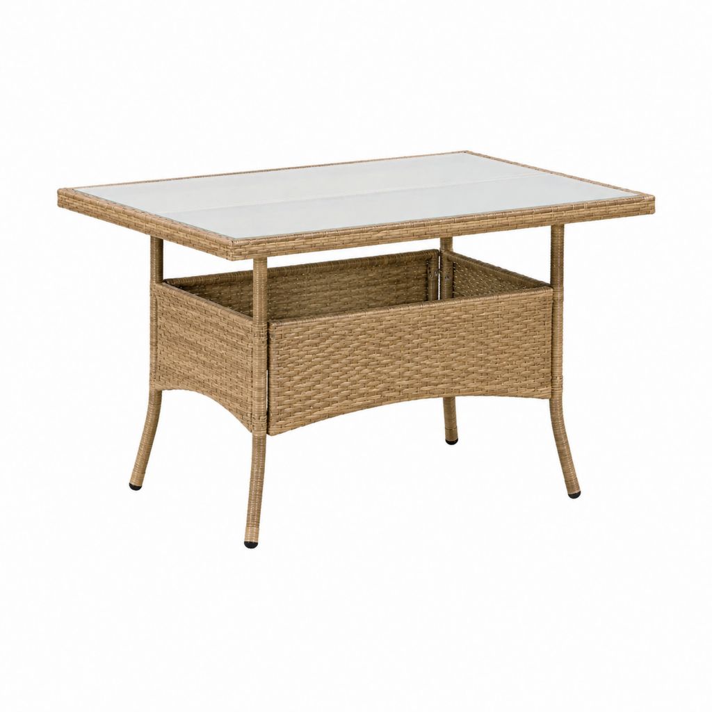 Gartentisch mit Ablagefach Beige PE-Rattan Stahl Glas rechteckig 150 x 90 x 75 cm