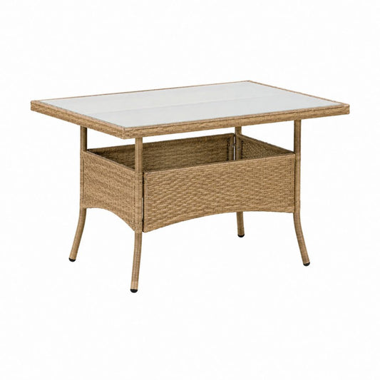 Gartentisch mit Ablagefach Beige PE-Rattan Stahl Glas rechteckig 150 x 90 x 75 cm
