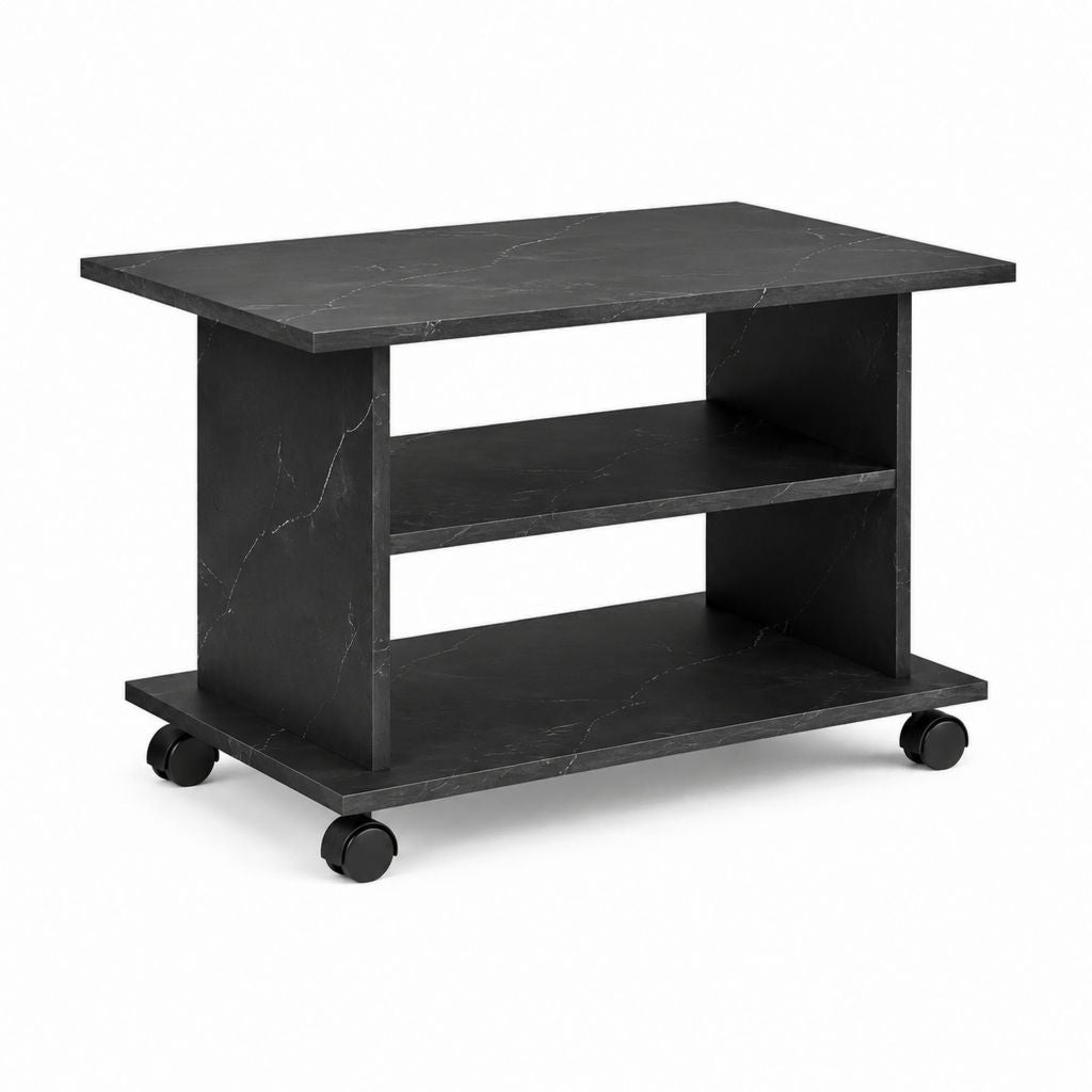 Rollbarer Beistelltisch Schwarz Spanplatte in Marmoroptik Rechteckig 80 x 40 x 75 cm