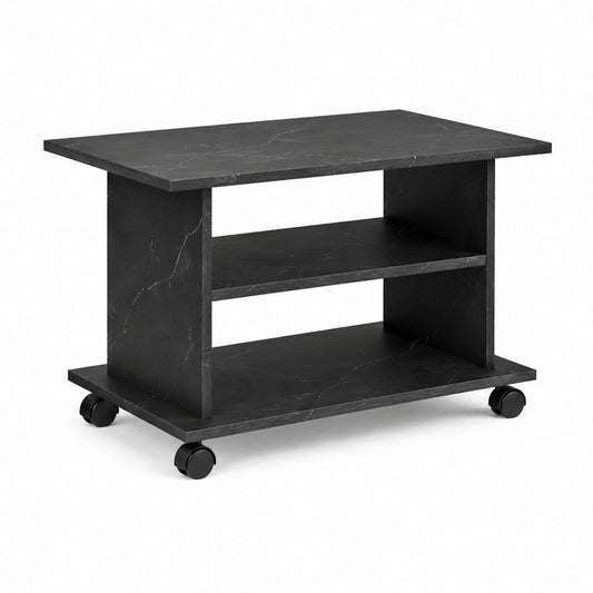 Rollbarer Beistelltisch Schwarz Spanplatte in Marmoroptik Rechteckig 80 x 40 x 75 cm