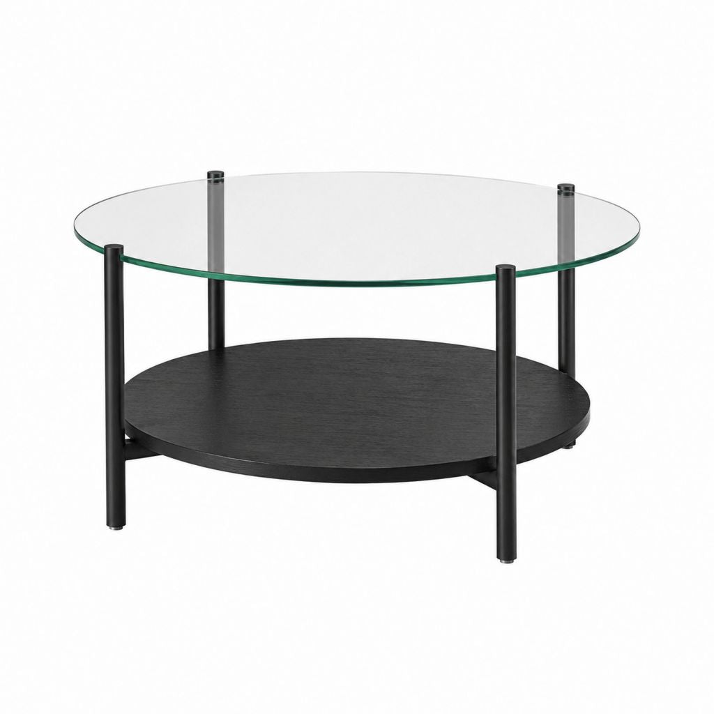 Couchtisch rund Schwarz mit Klarglasplatte und Ablage Ø 80 x 45 cm