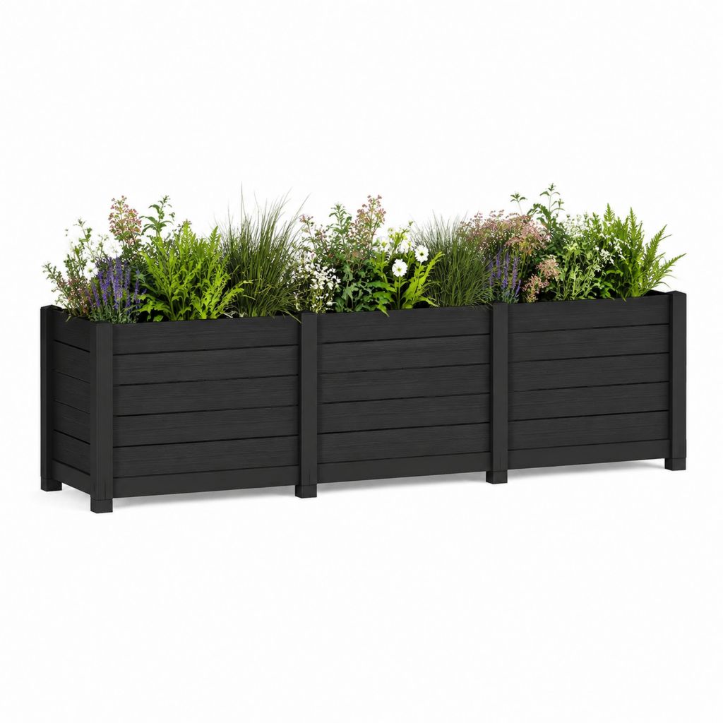 Hochbeet Pflanzkasten mit 3 Fächern Schwarz WPC Rechteckig 180 x 60 x 60 cm
