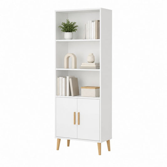 Bücherregal Weiß aus Spanplatte rechteckig mit 3 offenen Fächern und 2 Türen 60 x 30 x 180 cm