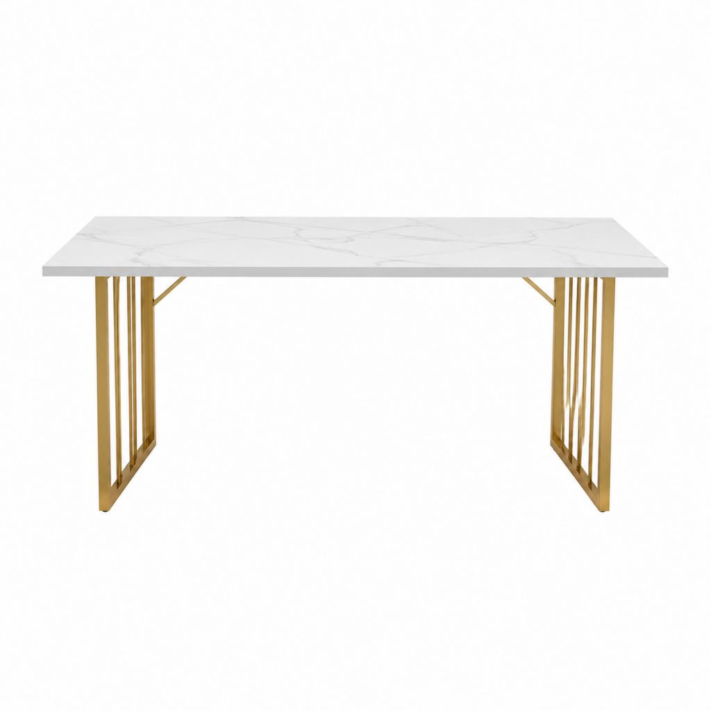 Gartentisch Esstisch Weiß Gold Sinterstein Edelstahl Rechteckig 140 x 80 x 75 cm