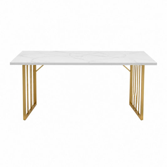 Gartentisch Esstisch Weiß Gold Sinterstein Edelstahl Rechteckig 140 x 80 x 75 cm